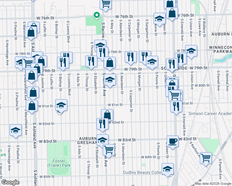 map of restaurants, bars, coffee shops, grocery stores, and more near 8020 South May Street in Chicago