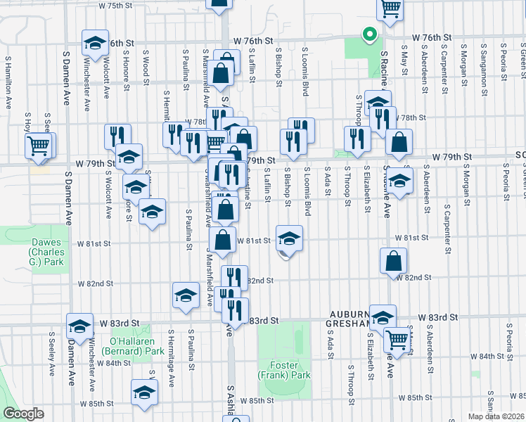map of restaurants, bars, coffee shops, grocery stores, and more near 8018 South Laflin Street in Chicago