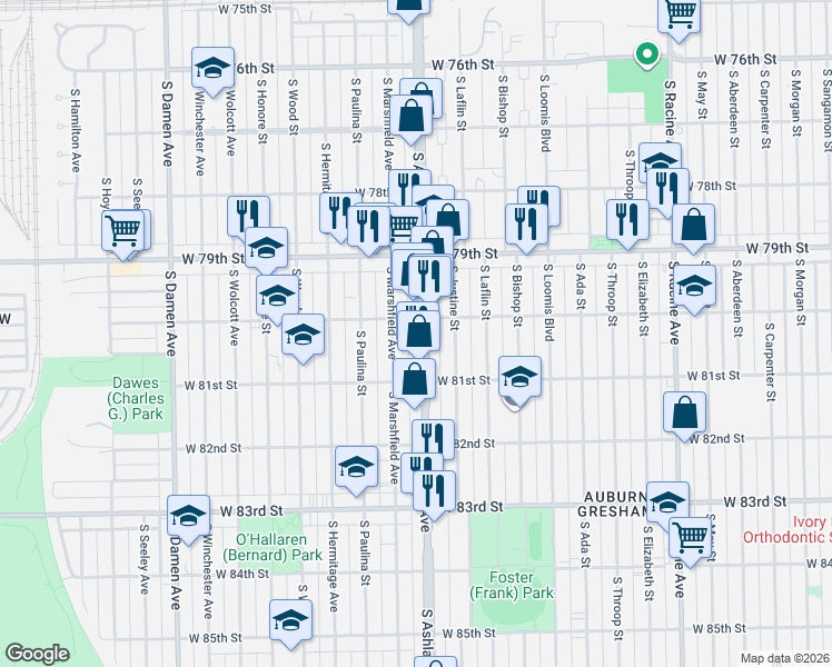 map of restaurants, bars, coffee shops, grocery stores, and more near 8017 South Ashland Avenue in Chicago