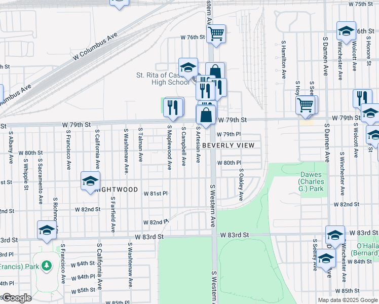 map of restaurants, bars, coffee shops, grocery stores, and more near 8004 South Campbell Avenue in Chicago