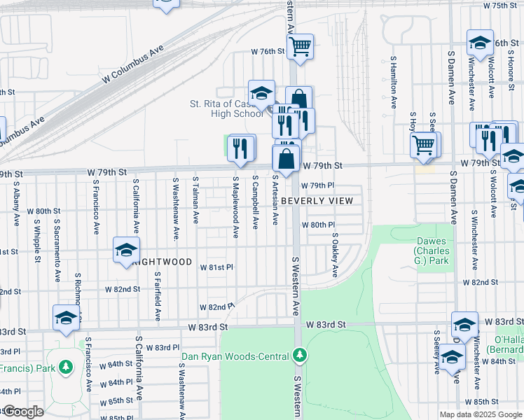 map of restaurants, bars, coffee shops, grocery stores, and more near 8004 South Campbell Avenue in Chicago