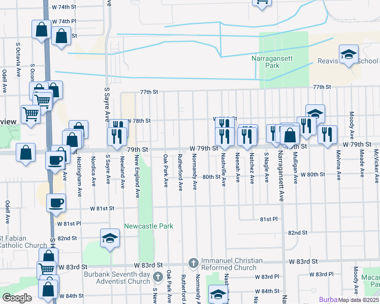 map of restaurants, bars, coffee shops, grocery stores, and more near 6655 West 79th Street in Burbank