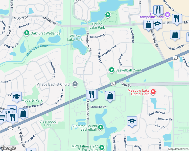 map of restaurants, bars, coffee shops, grocery stores, and more near 405 Meadow Lakes Boulevard in Aurora