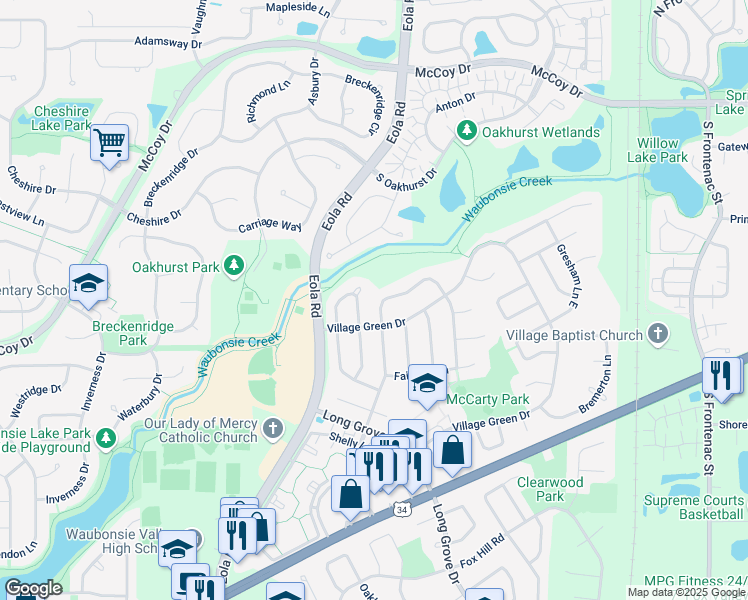 map of restaurants, bars, coffee shops, grocery stores, and more near 390 Cimarron Drive East in Aurora