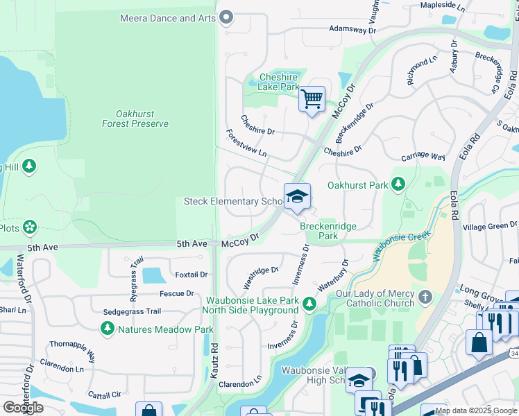 map of restaurants, bars, coffee shops, grocery stores, and more near 397 Meadowview Lane in Aurora