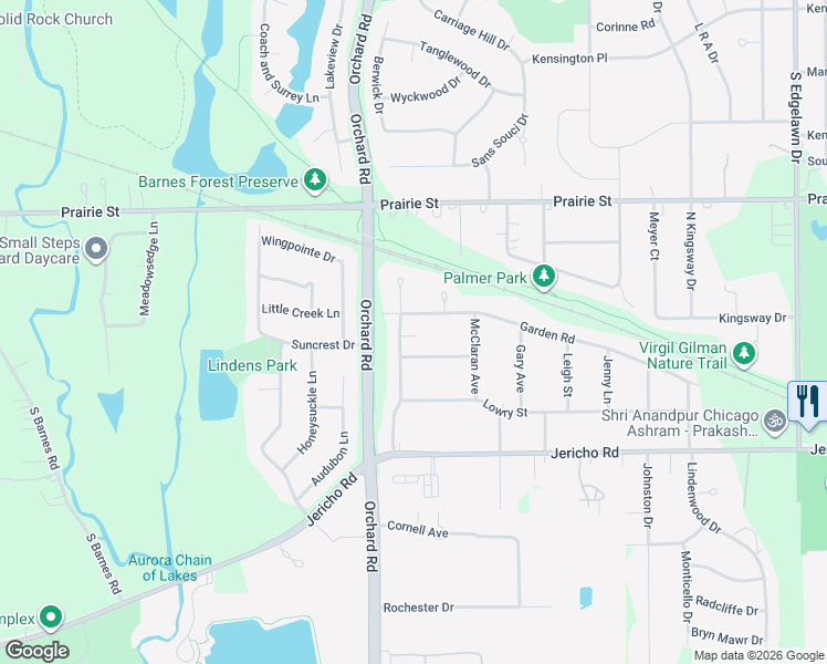 map of restaurants, bars, coffee shops, grocery stores, and more near 714 Whitlock Avenue in Aurora