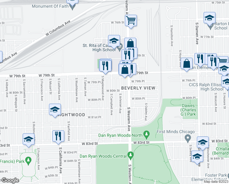 map of restaurants, bars, coffee shops, grocery stores, and more near 2451 West 80th Street in Chicago