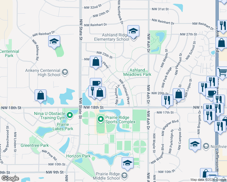 map of restaurants, bars, coffee shops, grocery stores, and more near 2104 Northwest Ashton Lane in Ankeny