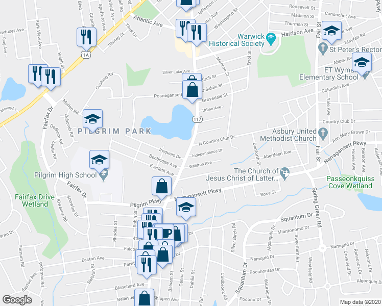 map of restaurants, bars, coffee shops, grocery stores, and more near 1020 Warwick Avenue in Warwick