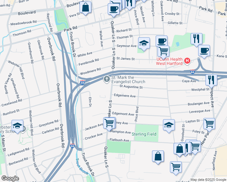 map of restaurants, bars, coffee shops, grocery stores, and more near 480 Quaker Lane South in West Hartford