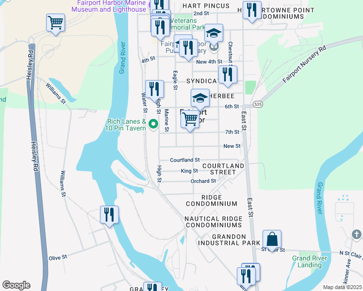 map of restaurants, bars, coffee shops, grocery stores, and more near 314 New Street in Painesville