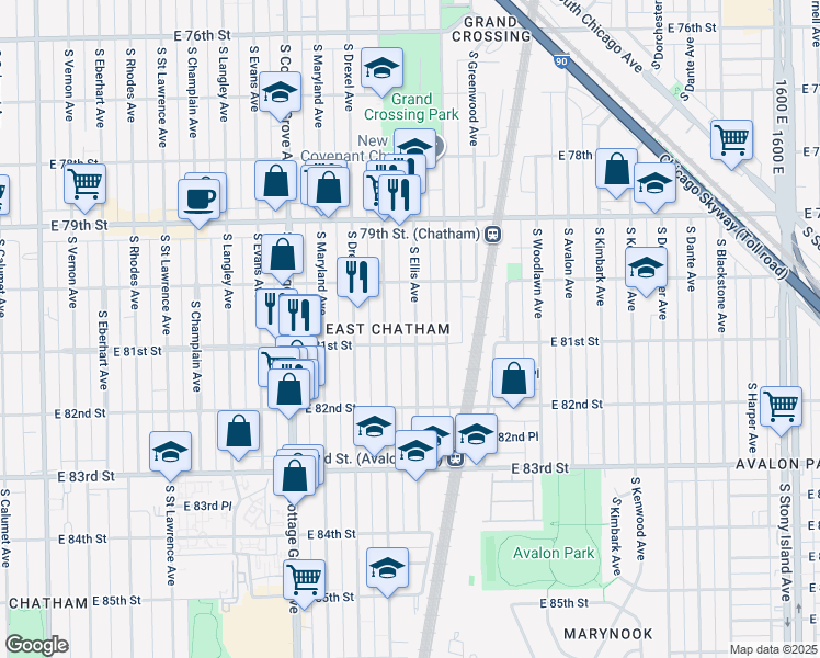 map of restaurants, bars, coffee shops, grocery stores, and more near 8044 South Ellis Avenue in Chicago