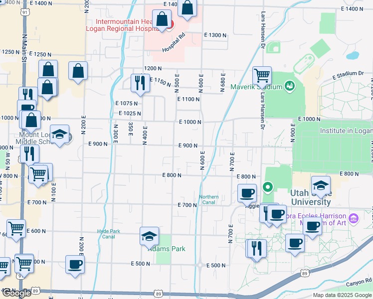map of restaurants, bars, coffee shops, grocery stores, and more near 546 East 900 North in Logan
