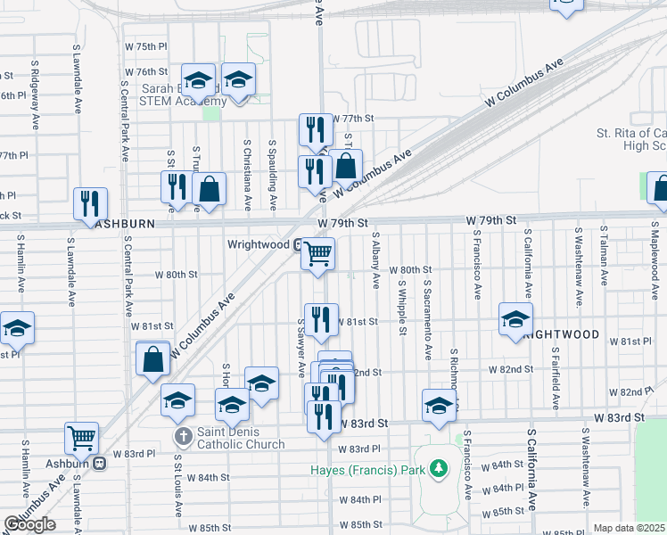 map of restaurants, bars, coffee shops, grocery stores, and more near 7957 South Kedzie Avenue in Chicago