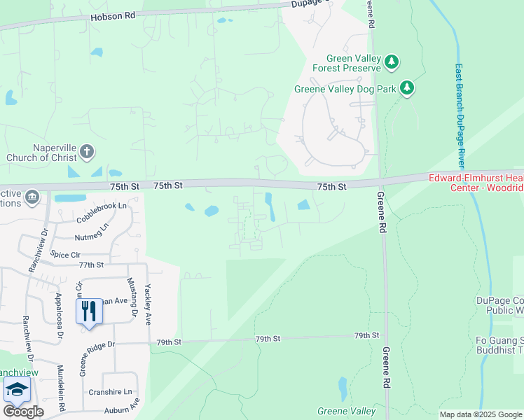 map of restaurants, bars, coffee shops, grocery stores, and more near 7525 Gladstone Drive in Naperville