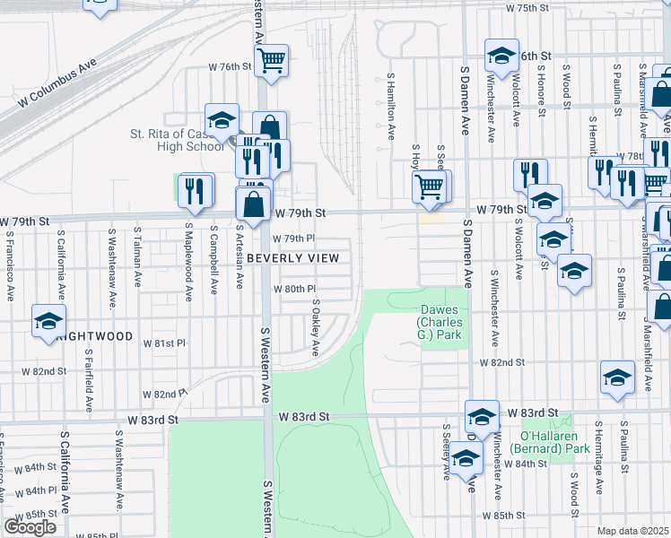 map of restaurants, bars, coffee shops, grocery stores, and more near 2233 West 80th Street in Chicago