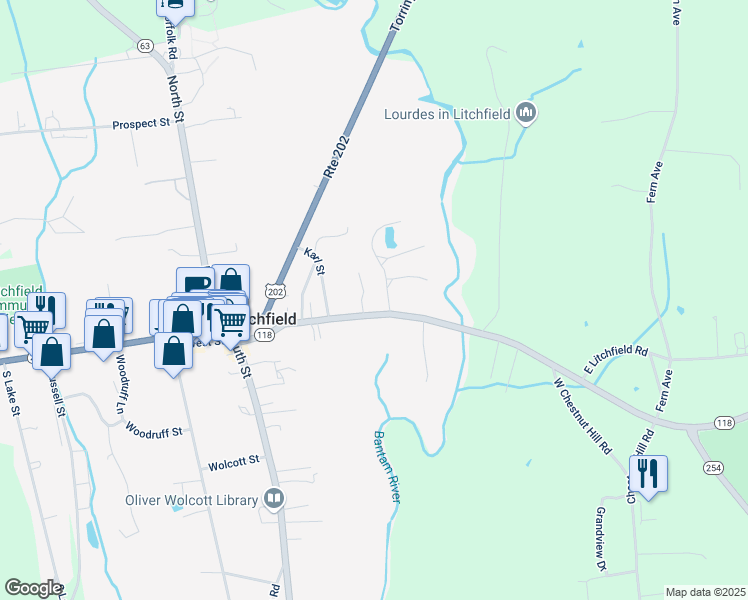 map of restaurants, bars, coffee shops, grocery stores, and more near 133 East Street in Litchfield