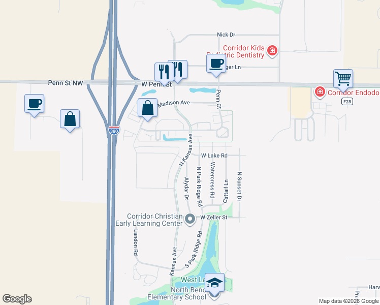 map of restaurants, bars, coffee shops, grocery stores, and more near 287 North Park Ridge Road in North Liberty