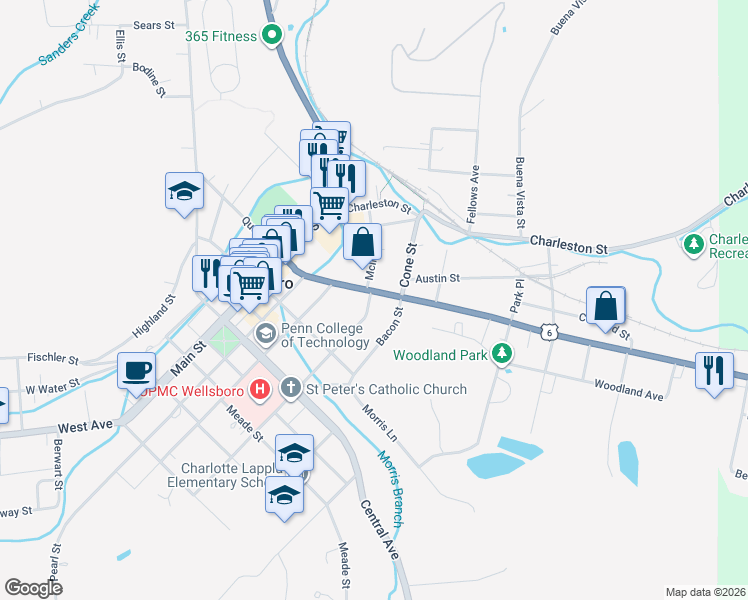 map of restaurants, bars, coffee shops, grocery stores, and more near 44 East Avenue in Wellsboro