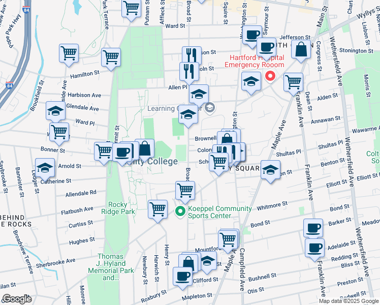 map of restaurants, bars, coffee shops, grocery stores, and more near 1554 Broad Street in Hartford