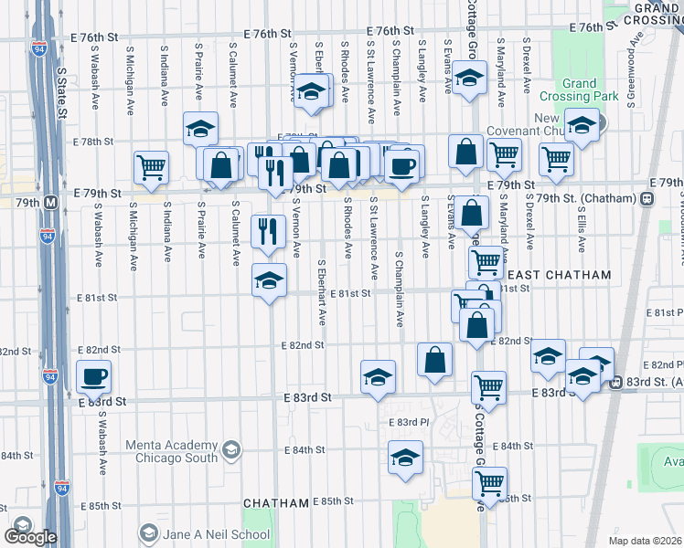 map of restaurants, bars, coffee shops, grocery stores, and more near 8049 South Eberhart Avenue in Chicago