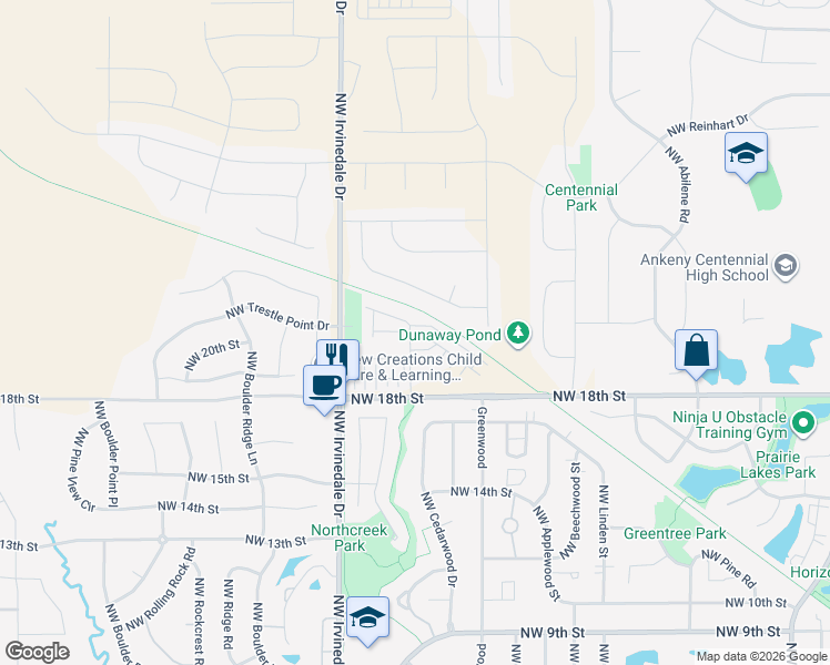 map of restaurants, bars, coffee shops, grocery stores, and more near 2725 Northwest Lois Lane in Ankeny