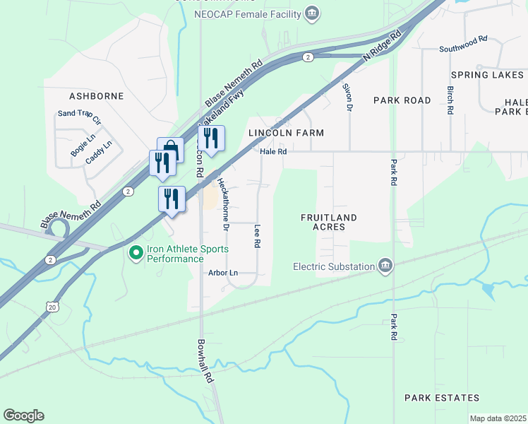 map of restaurants, bars, coffee shops, grocery stores, and more near 81 Lee Road in Painesville