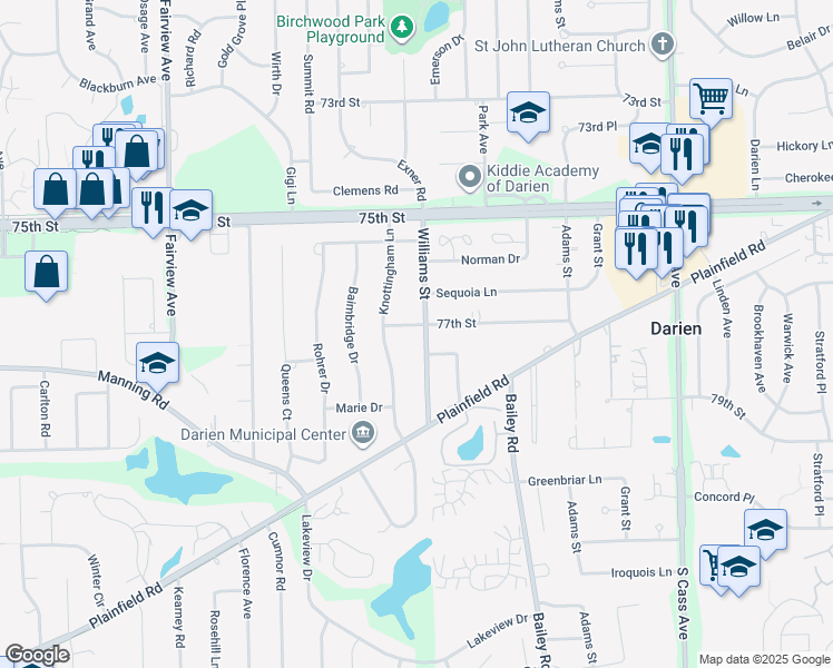 map of restaurants, bars, coffee shops, grocery stores, and more near 1 77th Street in Downers Grove