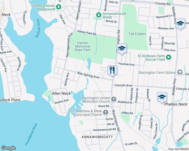 map of restaurants, bars, coffee shops, grocery stores, and more near 85 Bay Spring Avenue in Barrington