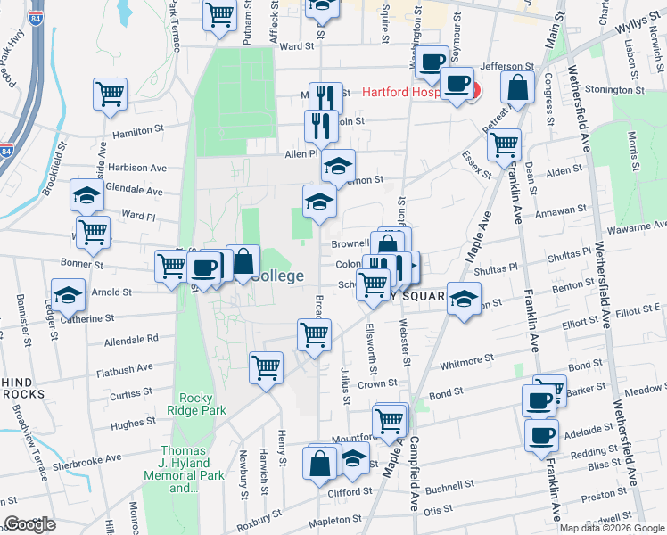 map of restaurants, bars, coffee shops, grocery stores, and more near 67 Colonial Street in Hartford