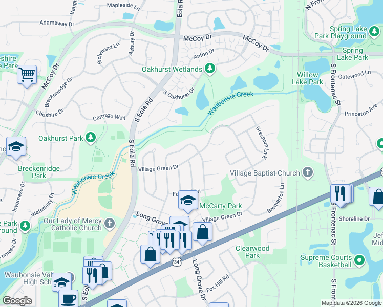 map of restaurants, bars, coffee shops, grocery stores, and more near 3189 Village Green Drive in Aurora