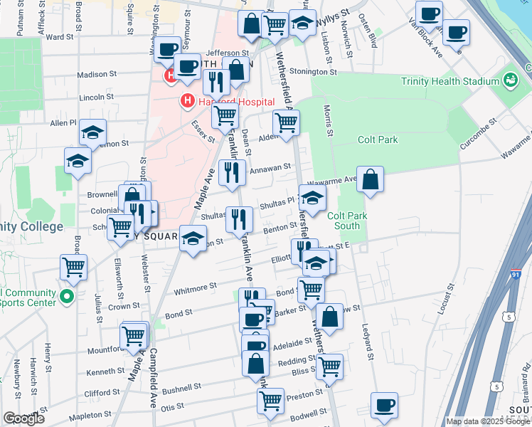 map of restaurants, bars, coffee shops, grocery stores, and more near 61-63 Shultas Place in Hartford