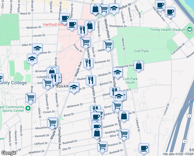 map of restaurants, bars, coffee shops, grocery stores, and more near 61-63 Shultas Place in Hartford