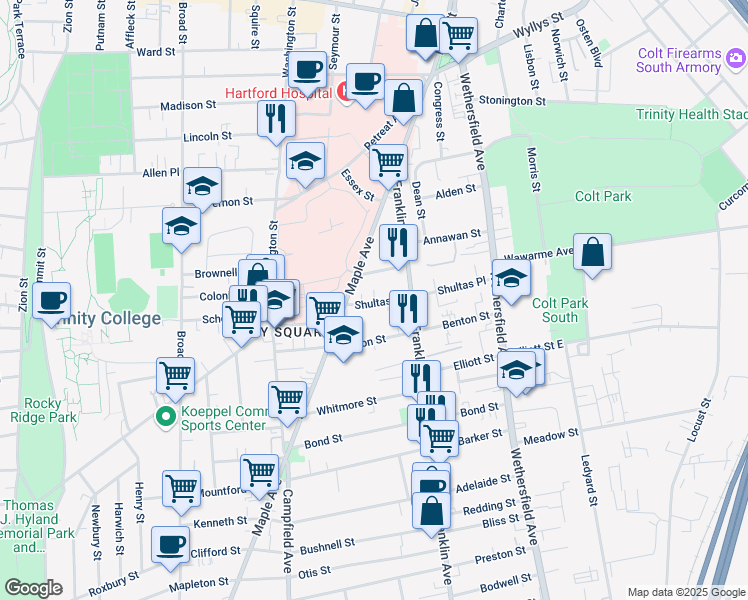 map of restaurants, bars, coffee shops, grocery stores, and more near 134 Shultas Place in Hartford
