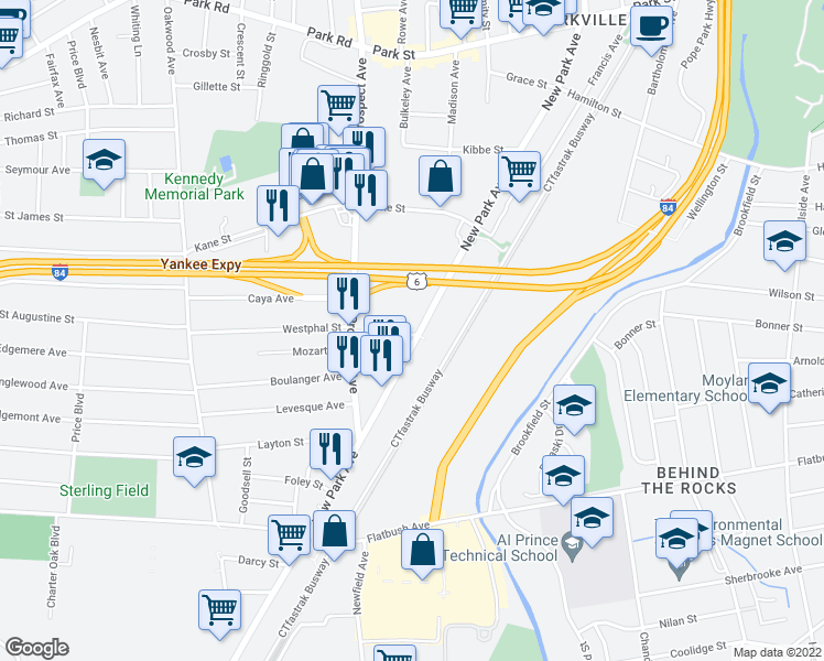 map of restaurants, bars, coffee shops, grocery stores, and more near in Hartford