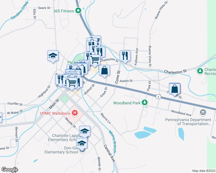 map of restaurants, bars, coffee shops, grocery stores, and more near 44 East Avenue in Wellsboro