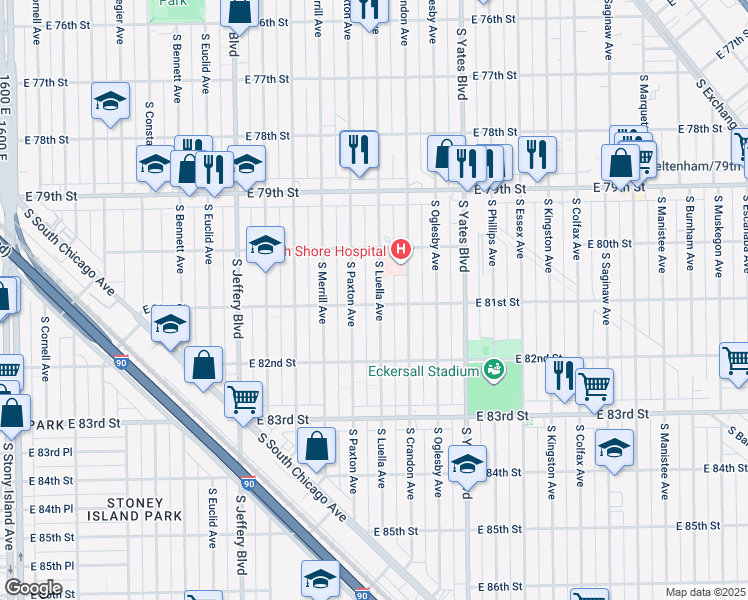 map of restaurants, bars, coffee shops, grocery stores, and more near 8100 South Luella Avenue in Chicago