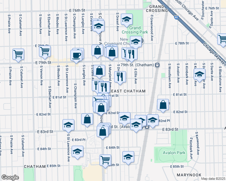 map of restaurants, bars, coffee shops, grocery stores, and more near 8054 South Drexel Avenue in Chicago