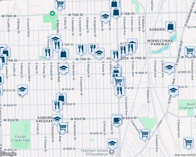 map of restaurants, bars, coffee shops, grocery stores, and more near 8022 South Sangamon Street in Chicago