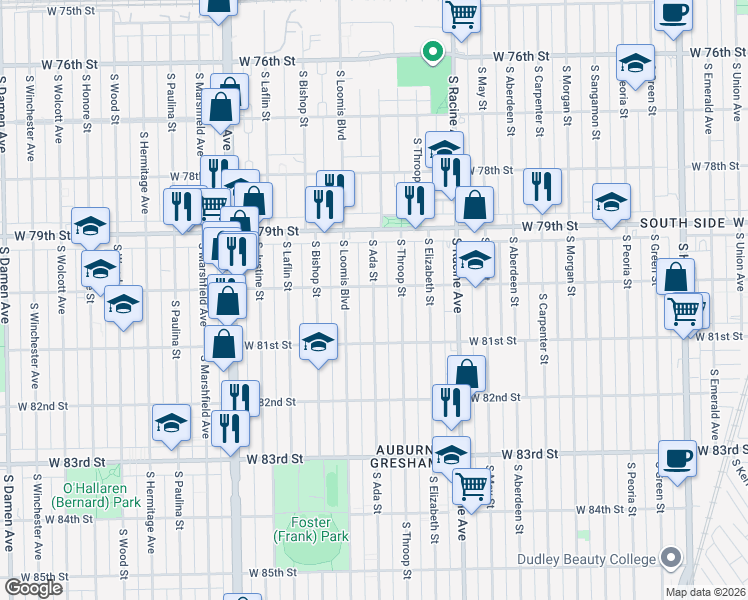 map of restaurants, bars, coffee shops, grocery stores, and more near 8019 South Ada Street in Chicago
