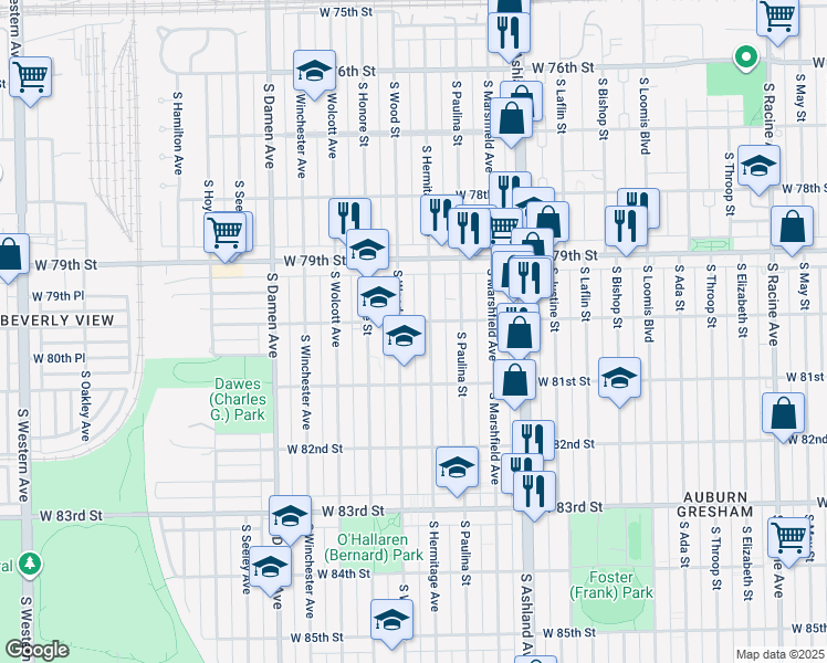 map of restaurants, bars, coffee shops, grocery stores, and more near 8016 South Hermitage Avenue in Chicago