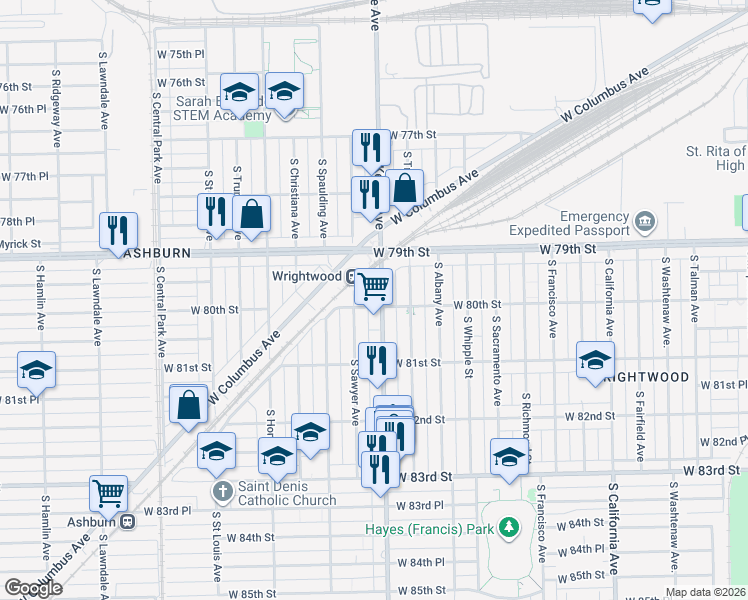 map of restaurants, bars, coffee shops, grocery stores, and more near 7957 South Kedzie Avenue in Chicago