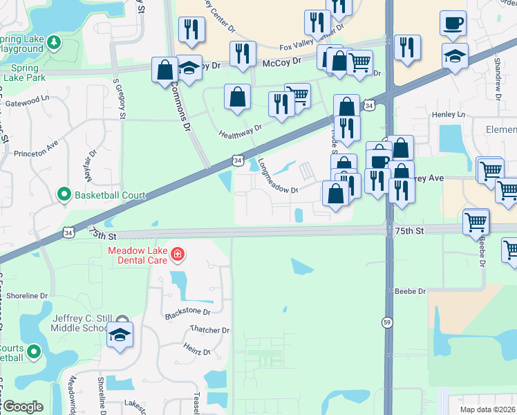 map of restaurants, bars, coffee shops, grocery stores, and more near 4132 Landing Drive in Aurora