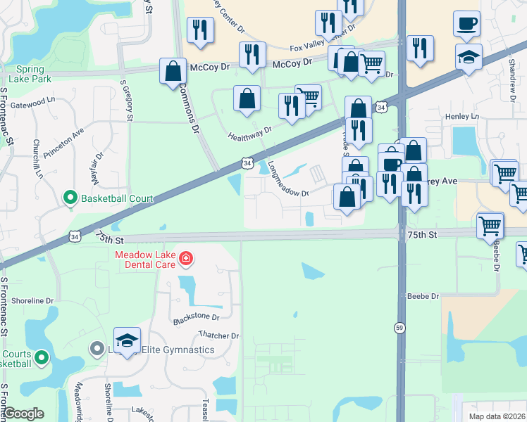 map of restaurants, bars, coffee shops, grocery stores, and more near 4127 Landing Drive in Aurora