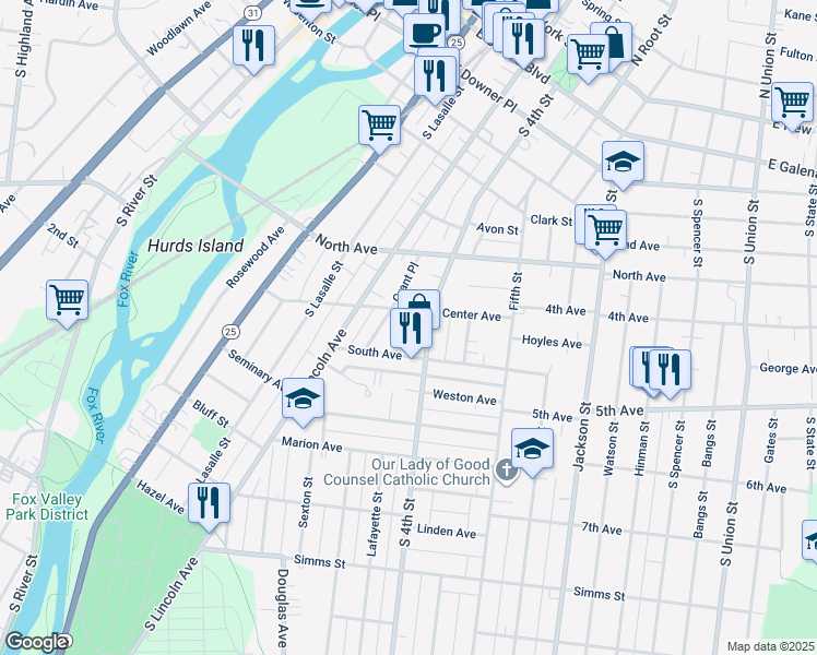map of restaurants, bars, coffee shops, grocery stores, and more near 417 Sperry Court in Aurora