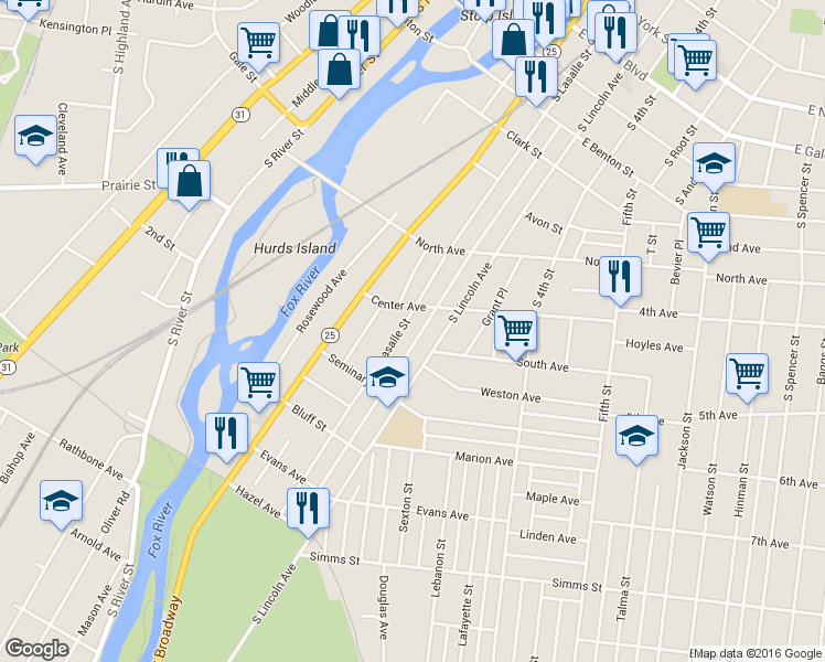 map of restaurants, bars, coffee shops, grocery stores, and more near 431 South Lincoln Avenue in Aurora