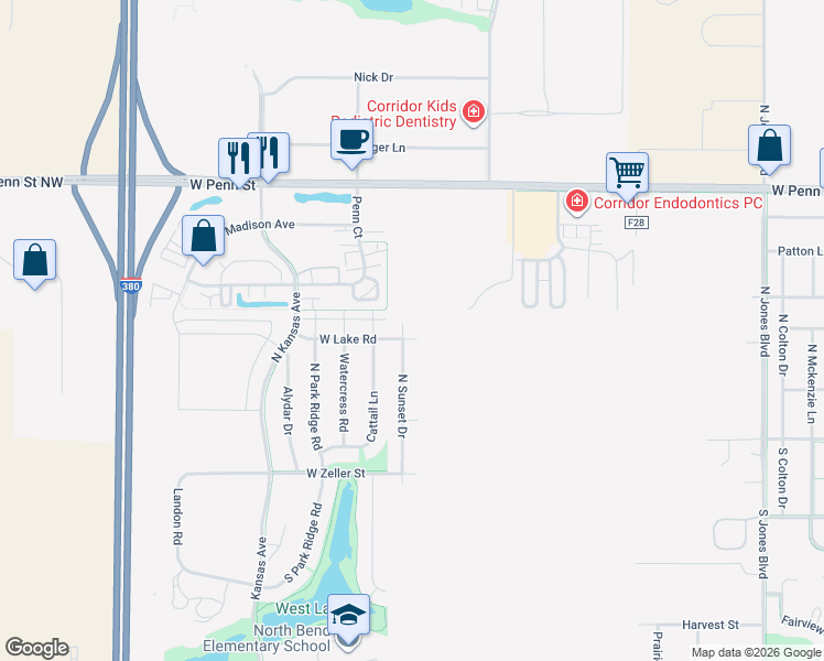 map of restaurants, bars, coffee shops, grocery stores, and more near 290 North Sunset Drive in North Liberty