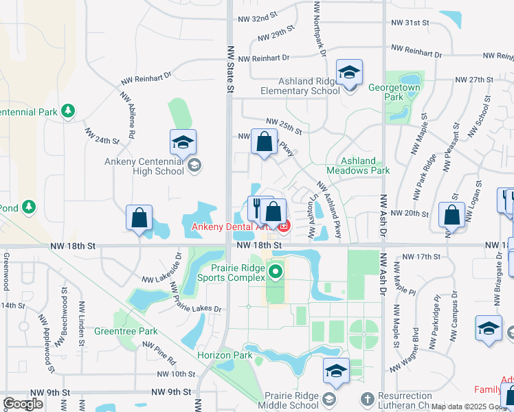 map of restaurants, bars, coffee shops, grocery stores, and more near 1420 Northwest 18th Street in Ankeny
