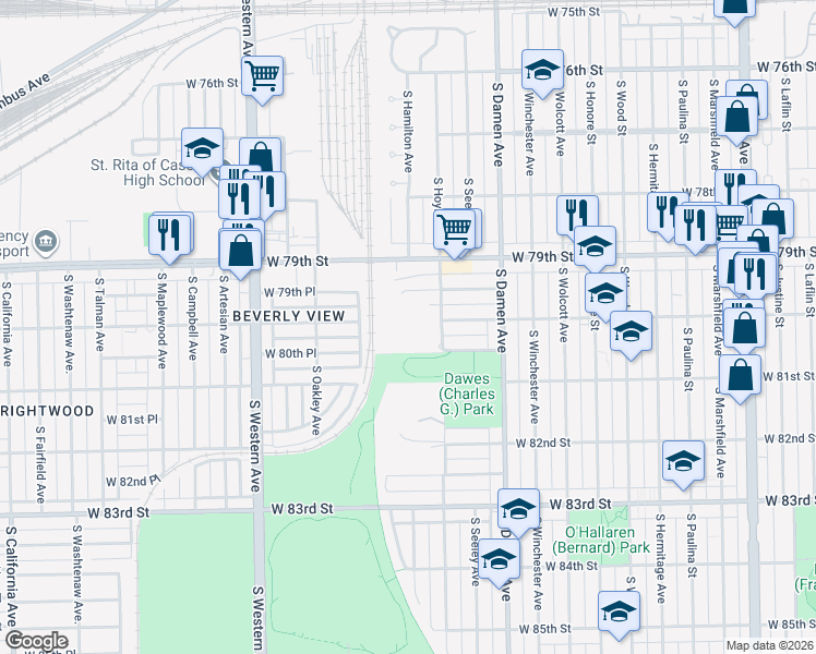 map of restaurants, bars, coffee shops, grocery stores, and more near 2155 West 80th Street in Chicago