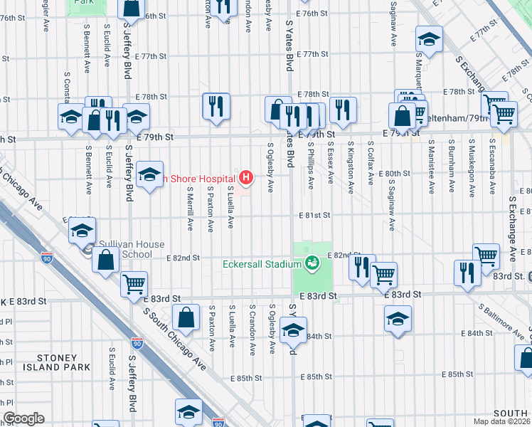 map of restaurants, bars, coffee shops, grocery stores, and more near 8101 South Oglesby Avenue in Chicago